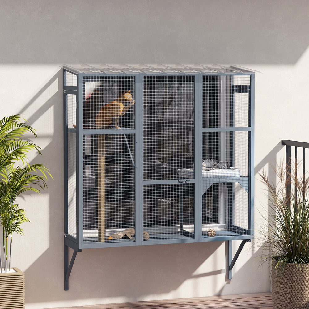 Wooden enclosure with window, 2 jumping platforms and a scratching post, grey.