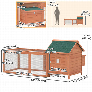 Wooden coop for 2 hens, cage with run, nesting box, removable tray and waterproof roof