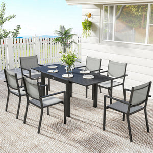 7-Piece Outdoor Aluminum Dining Set for 6 with Extendable Tabletop and Stackable Chairs