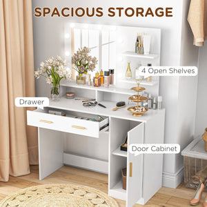 LED illuminated dressing table with stool, drawer and shelves, white