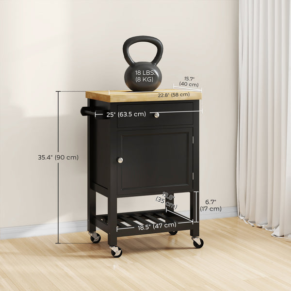 Kitchen island on wheels with wooden top, towel rack, drawer and shelf, black