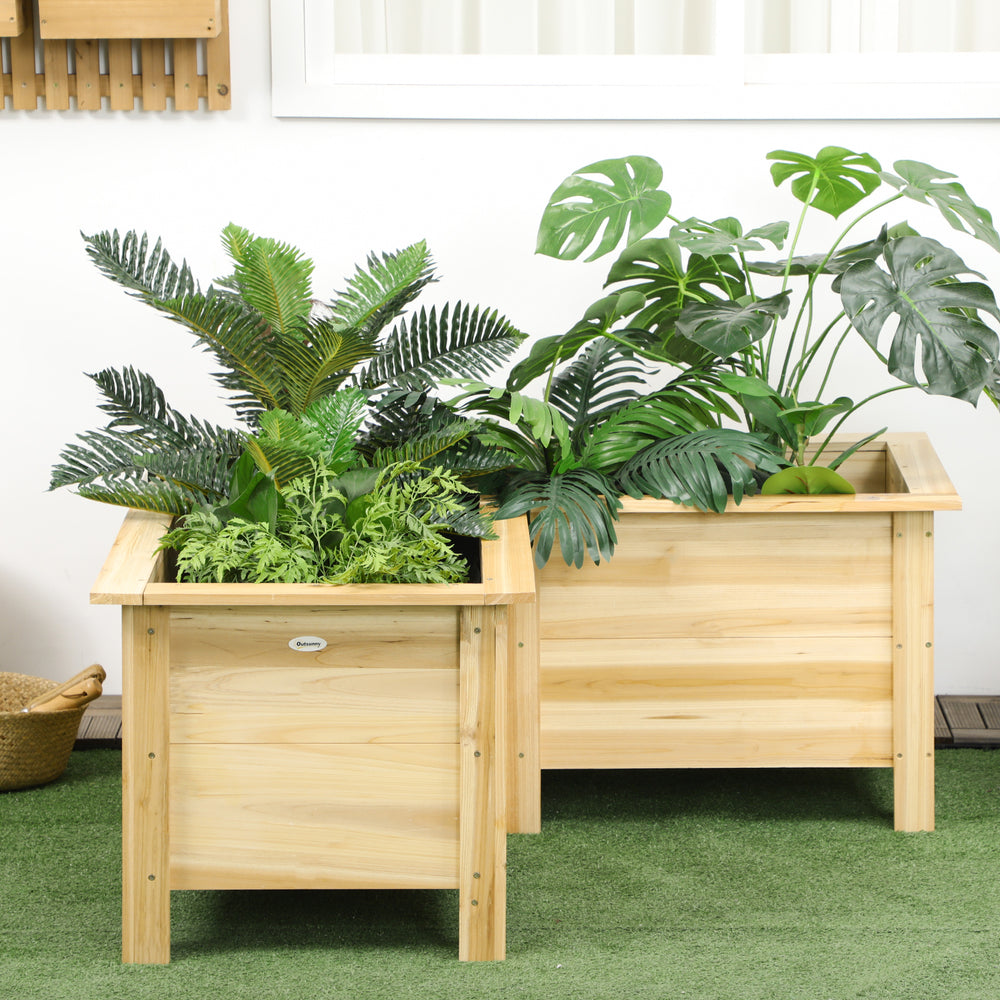 Raised L-shaped planter in natural wood