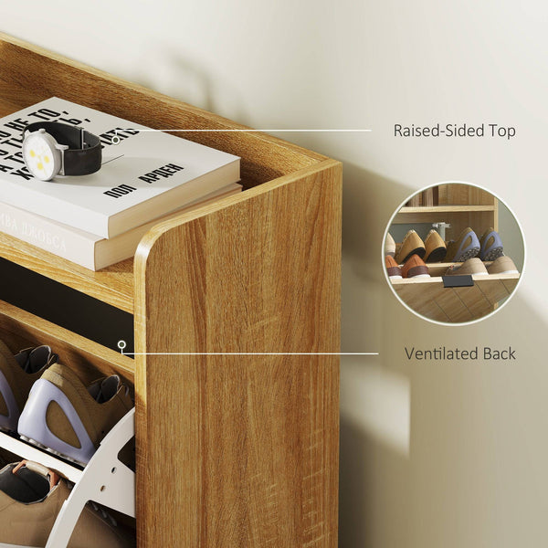 Modern and slim shoe cabinet with 4 drop-down drawers, 16 pairs of shoes, oak