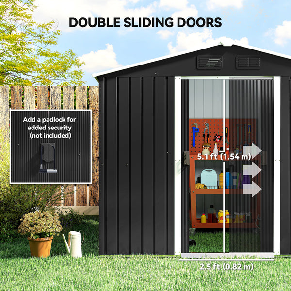 Metal garden shed with lockable sliding doors and ventilation