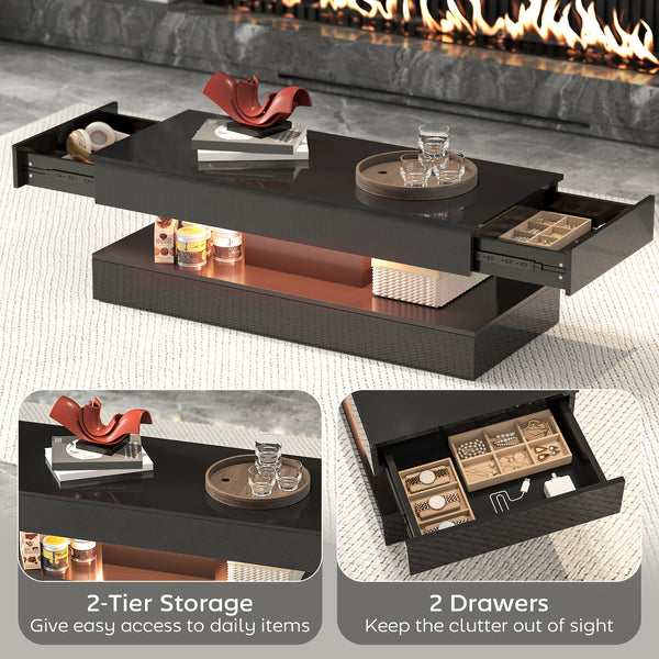 Coffee table with adjustable LED lighting, 2 drawers, open shelf, remote control, glossy black