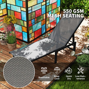 Outdoor Lounge Chair Set of 2, 5-Position Reclining Outdoor Chaise Lounge Tanning Chair with Mesh Seat, Grey
