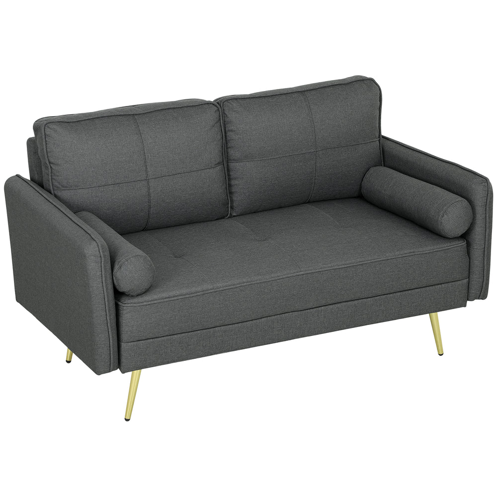 2 seater upholstered sofa with back cushions and pillows, dark grey