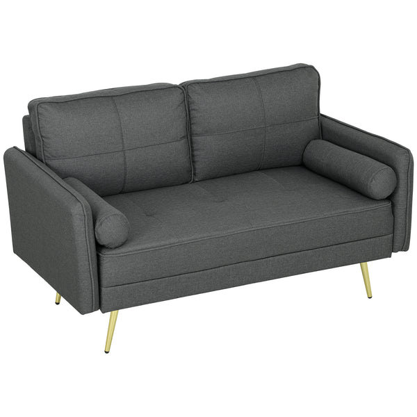 2 seater upholstered sofa with back cushions and pillows, dark grey