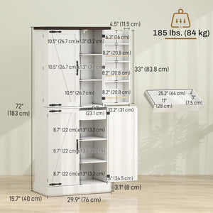 72" Tall Kitchen Pantry Cabinet, Farmhouse Storage Cabinet with 8 Door Racks and Adjustable Shelves, White