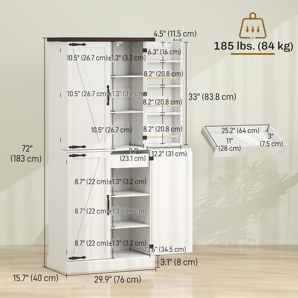 72" Tall Kitchen Pantry Cabinet, Farmhouse Storage Cabinet with 8 Door Racks and Adjustable Shelves, White