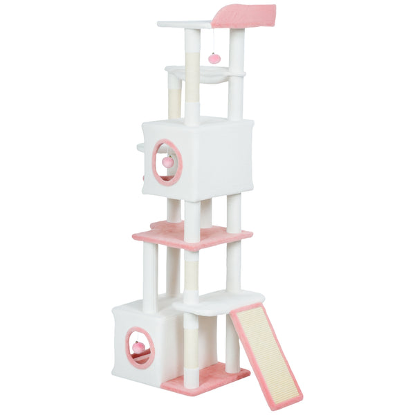 65-inch Cat Tree with 2 Doors, Plush Perch, Hammock, Sisal Scratching Posts, White