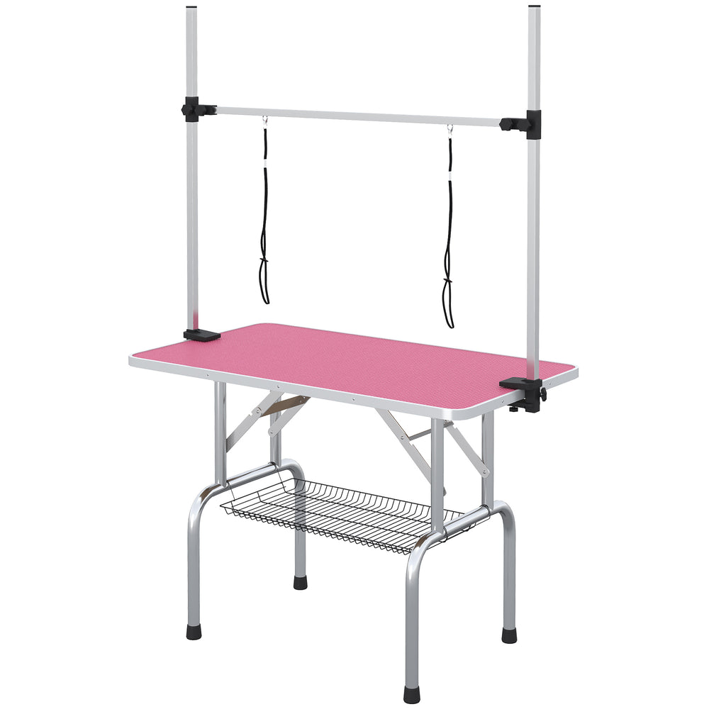 Adjustable Dog Grooming Table with 2 Safety Straps and Storage Basket, Pink