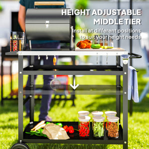 BBQ Stand with Stainless Steel Top Adjustable Shelf, Outdoor BBQ Station with Hooks Seasoning Tray Towel Rack