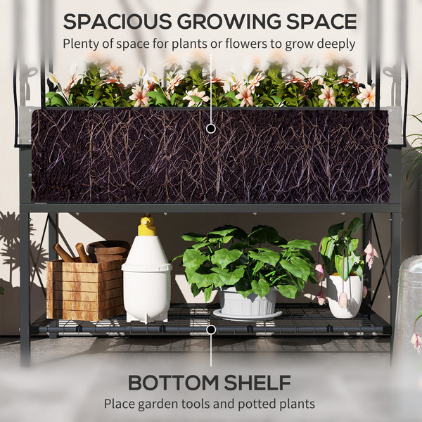 Raised planter with lid, lower shelf and liner, dark grey