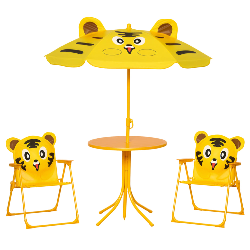 Kids Folding Picnic Table and Chair Set Pattern Outdoor Garden Patio Backyard with Removable & Height Adjustable Sun Umbrella Yellow