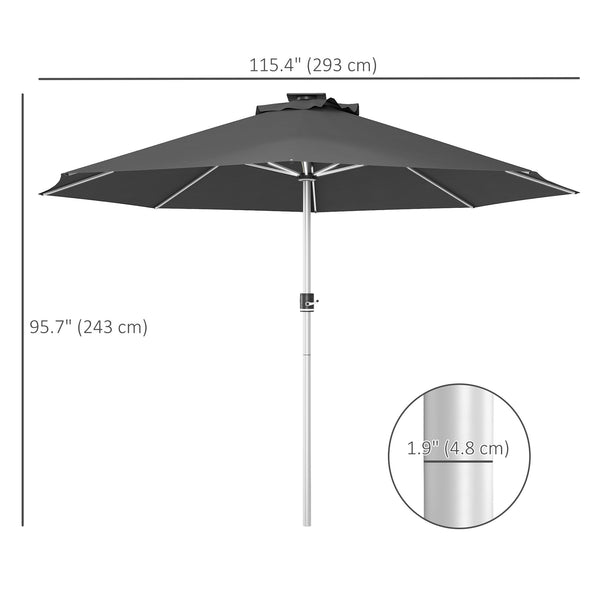9.6-foot LED light-up parasol with 4 lighting modes, solar and USB charging, anthracite grey