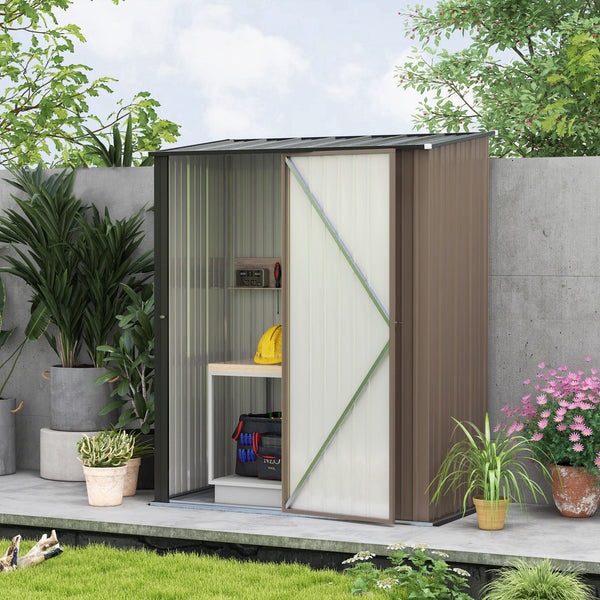Steel garden shed with single lockable door, brown