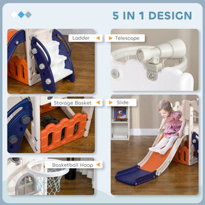 5-in-1 slide with basketball hoop, climbing structure, telescope and storage basket 