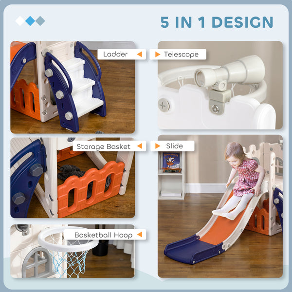5-in-1 slide with basketball hoop, climbing structure, telescope and storage basket 
