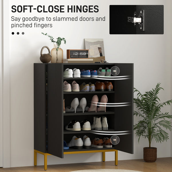 Shoe cabinet with adjustable shelves and soft-close hinges, for 15 to 20 pairs of shoes, black
