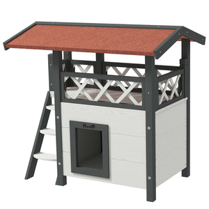 Two-story cat house with asphalt roof, stairs, and balcony