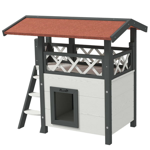 Two-story cat house with asphalt roof, stairs, and balcony