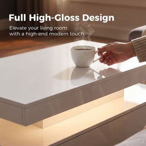 Table basse avec rangement à 2 niveaux et 2 tiroirs pour salon, blanc brillant