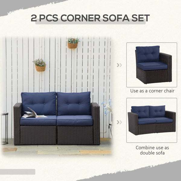 2 Pieces Patio Furniture Set Outdoor Loveseat Wicker Corner Sofa Set Outdoor Freely Combination PE Rattan Furniture, W/ Curved Armrests & Padded Cushion for Balcony, Garden, Lawn, Dark Blue
