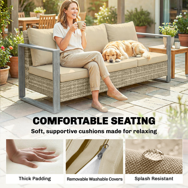 3-Seater Outdoor PE Wicker Sofa with Deep Seating, Wood-Look Aluminum Armrests, Cushions, Khaki