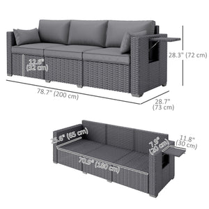 3-seater garden sofa in woven resin with side tables, grey