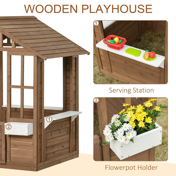 Wooden playhouse with planter, working door and windows, brown