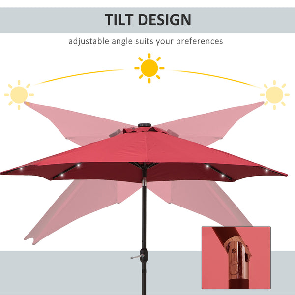 8.8-foot solar parasol with 24 LED lights and tiltable canopy, burgundy red 