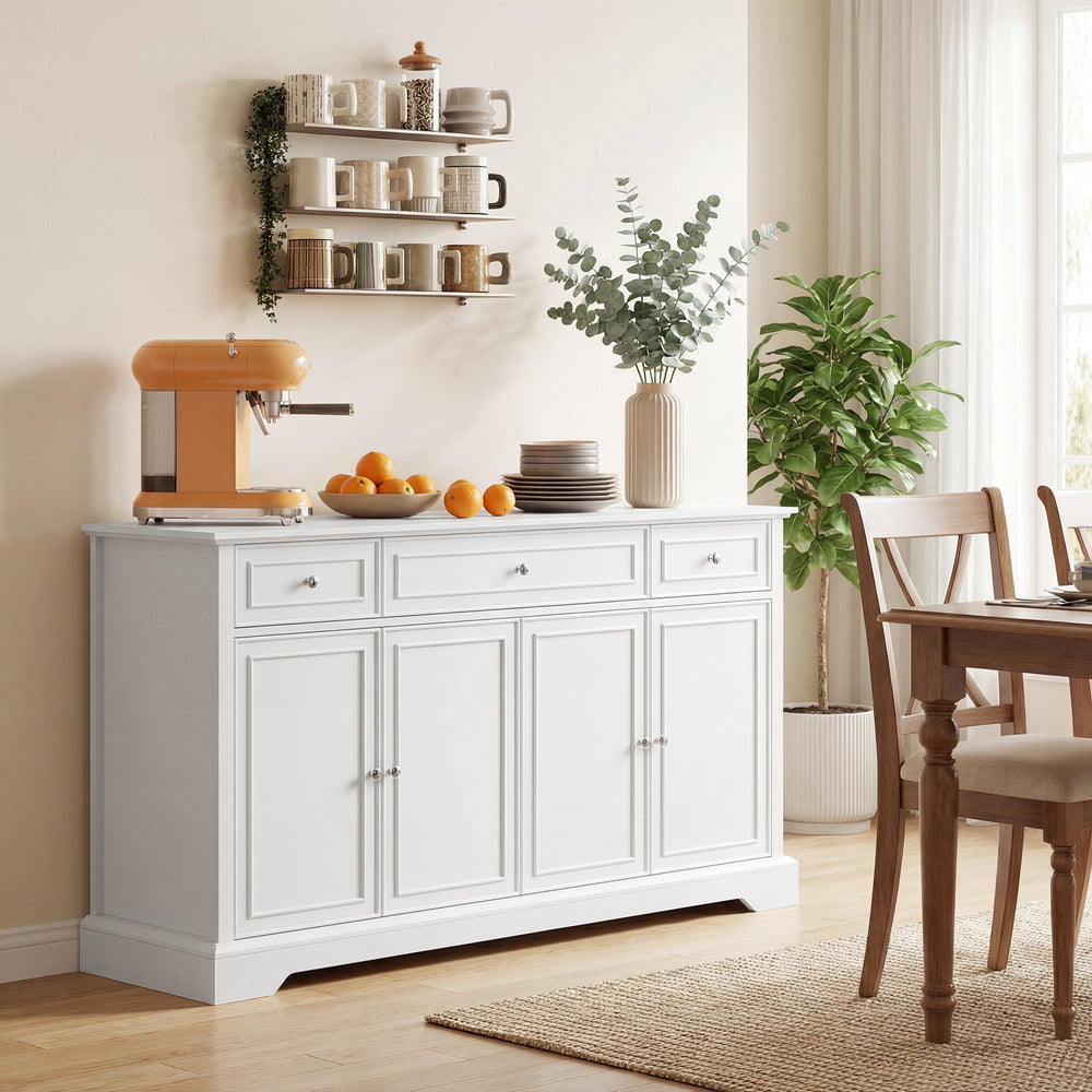 Kitchen storage sideboard with soft-close doors, 3 drawers, and 2 adjustable shelves, white
