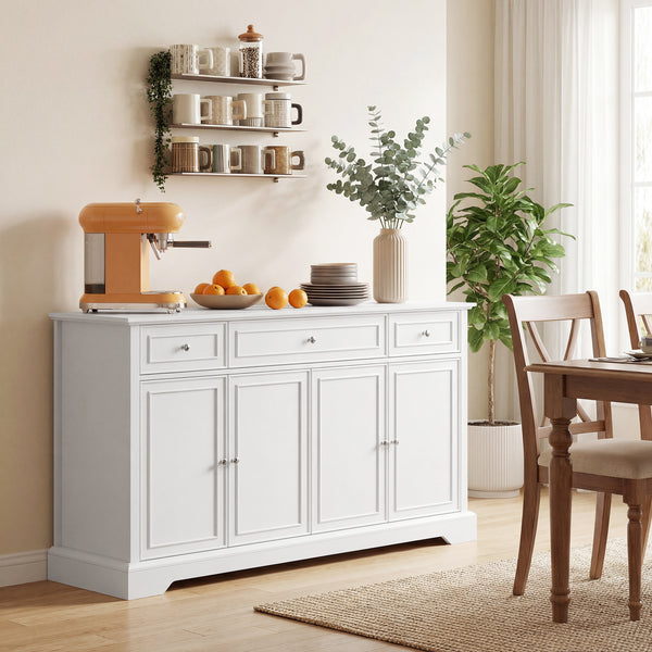 Kitchen storage sideboard with soft-close doors, 3 drawers, and 2 adjustable shelves, white