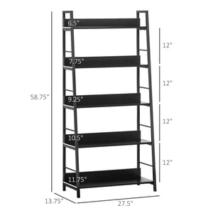 Modern bookcase with wide 5-tier shelves, metal frame, black
