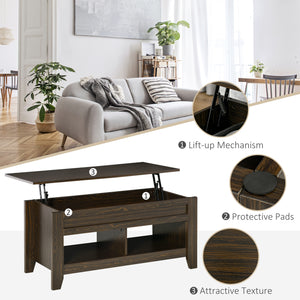 Lift-top coffee table with hidden storage and open shelves, dark walnut