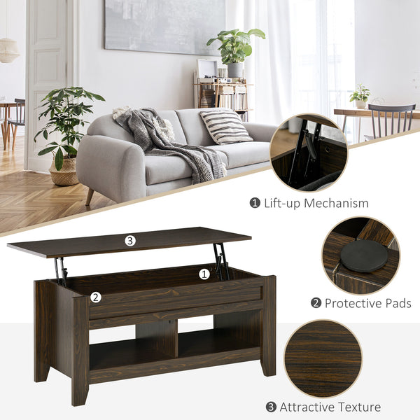 Lift-top coffee table with hidden storage and open shelves, dark walnut