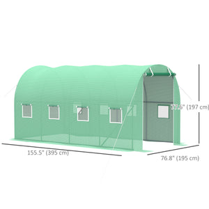 Tunnel greenhouse with zippered roll-up door and 8 screened windows, galvanized steel frame, green