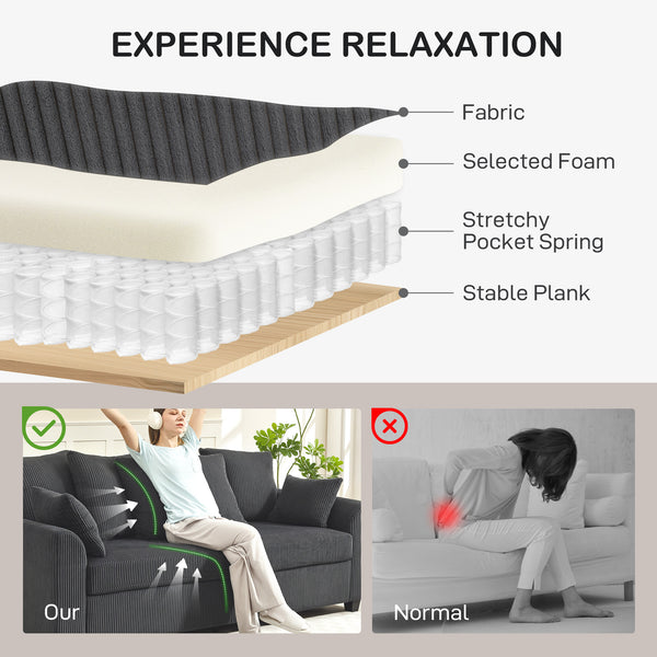 3-seater corduroy sofa with curved armrests and 8 removable cushions, dark grey