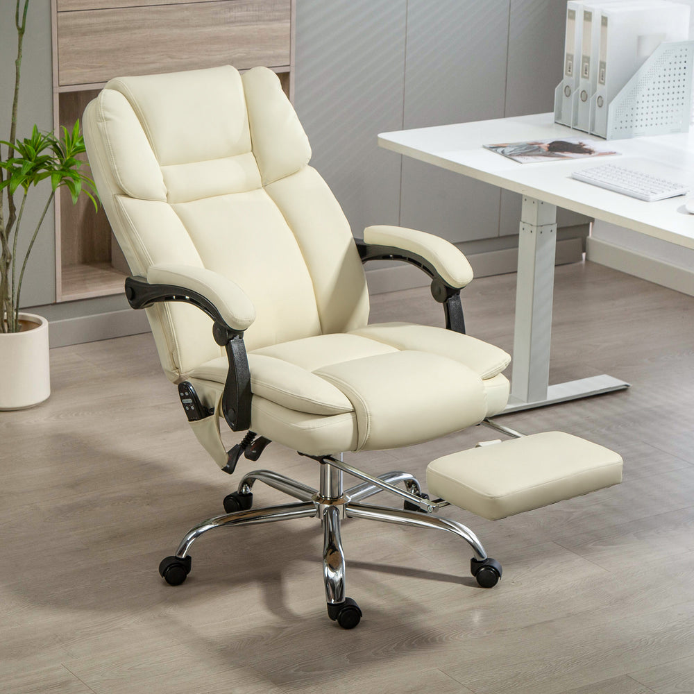 Reclining Massage Office Chair with 6-Point Vibration, Footrest and High Back, White