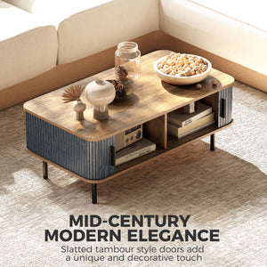 Coffee table with storage and fluted sliding doors – Black and walnut