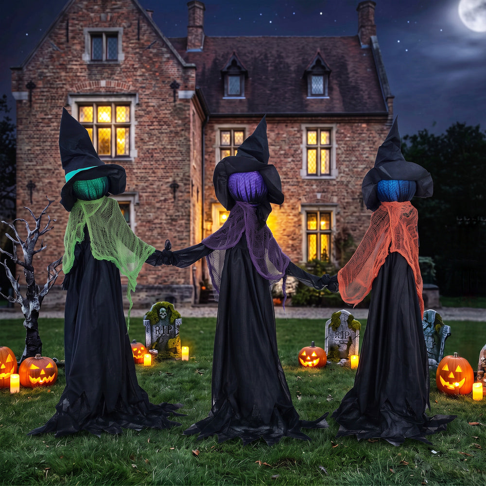 Trio of light-up Halloween witches with garden stakes and timer – Black, green, orange and purple