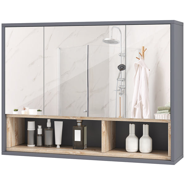 Wall-mounted medicine cabinet with mirror and shelves, gray