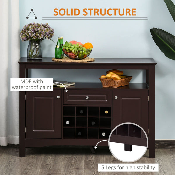 Modern kitchen buffet with drawer and 12-bottle wine rack, espresso color.