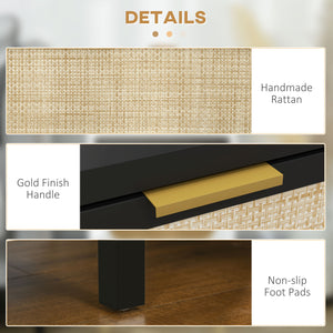 Bohemian bedside table with rattan drawer and open shelf, black