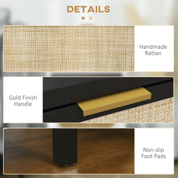 Bohemian bedside table with rattan drawer and open shelf, black