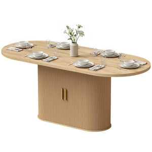 71" dining table with storage, oak finish
