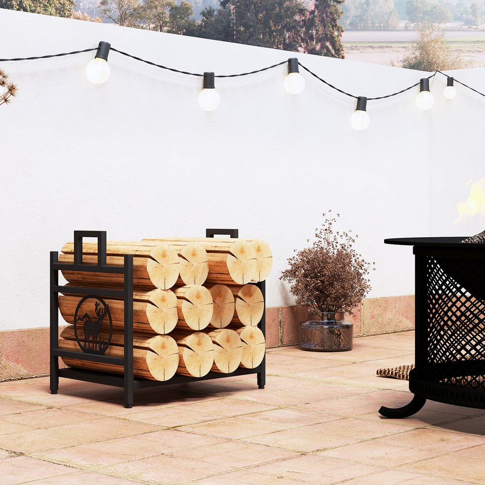 Decorative steel log holder with black side handles