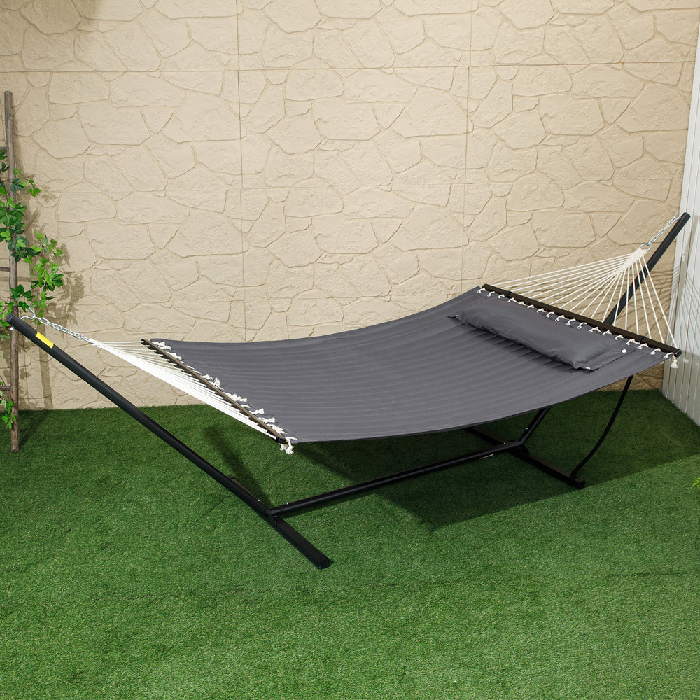 Outsunny 2 Person Hammock, Quilted Double Hammock with Stand, Pillow and Spreader Bars, for Outdoor Camping, Beach, Dark Grey 