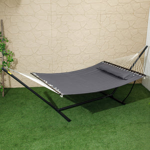 Outsunny 2 Person Hammock, Quilted Double Hammock with Stand, Pillow and Spreader Bars, for Outdoor Camping, Beach, Dark Grey 